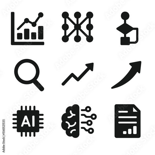 AI Analysis Icons. Solid, filled icon set of AI analysis and prediction: data chart, neural network, algorithm, magnifying glass,