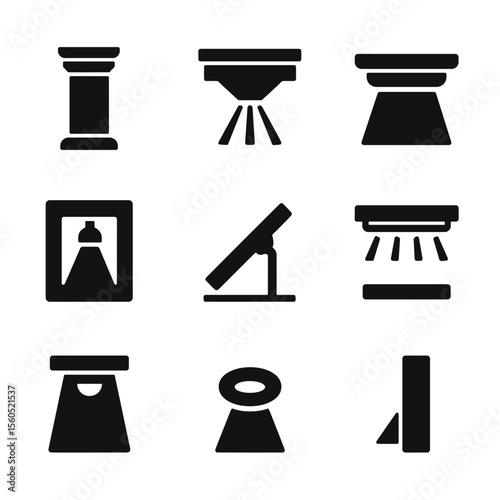 Architectural Accent Lighting Icons. Solid, Filled icon set of architectural accent illumination: column uplight, cornice wash,