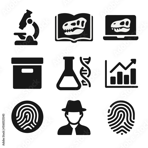 Archaeological Study Icons. Solid, filled icon set of archaeological study and research: microscope, book, laptop, archive box,