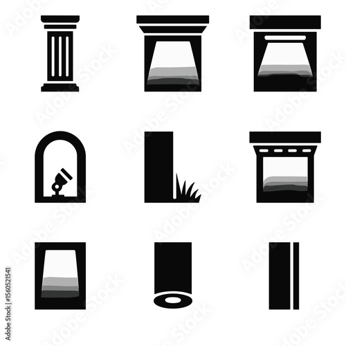 Architectural Accent Lighting Icons. Solid, Filled icon set of architectural accent illumination: column uplight, cornice wash,