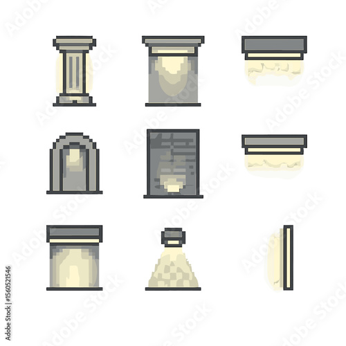 Architectural Lighting Icons. Pixel art icon set of architectural accent illumination: column uplight, cornice wash, soffit cove