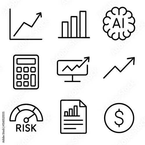 AI Financial Forecast Icons. Outline icon set of AI-driven Financial Forecasting: line graph, bar chart, AI brain, calculator,