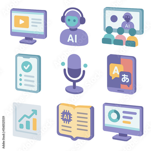 AI Education Icon Set. Isometric Flat icon set of AI in education: e-learning platform screen, AI tutor avatar, virtual classroom,