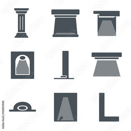 Architectural Lighting Icons. Flat icon set of architectural accent illumination: column uplight, cornice wash, soffit cove light,