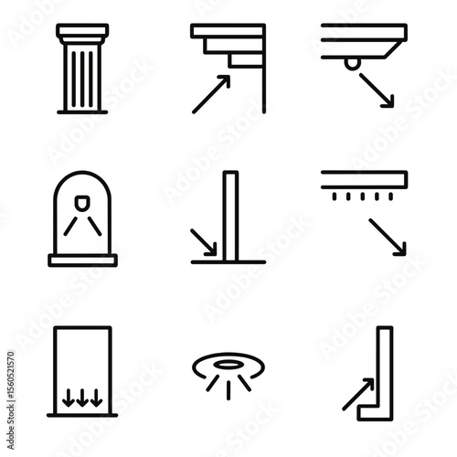 Architectural Lighting Icons. Outline icon set of architectural accent illumination: column uplight, cornice wash, soffit cove