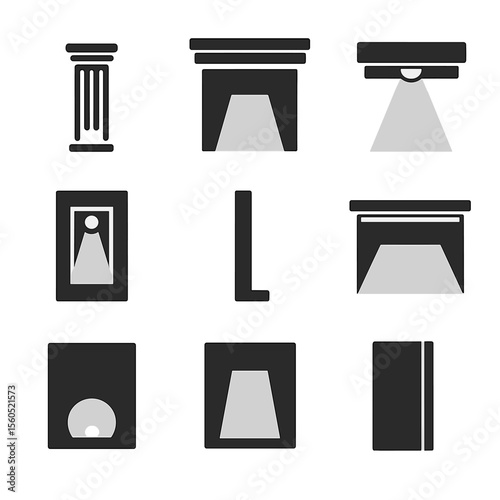 Architectural Lighting Icons. Flat icon set of architectural accent illumination: column uplight, cornice wash, soffit cove light,