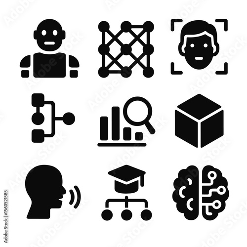 AI Icon Grid. Solid, filled icon set of AI realism: humanoid robot, neural network, facial recognition, algorithm, data analysis,