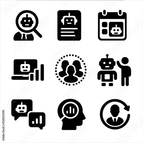 AI HR Icon Set. Solid, filled icon set of AI in HR operations: AI candidate screening, resume parser, smart interview scheduler,