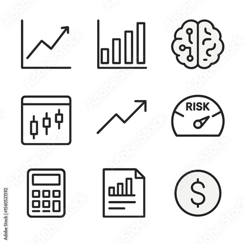 AI Financial Forecast Icons. Outline icon set of AI-driven Financial Forecasting: line graph, bar chart, AI brain, calculator,