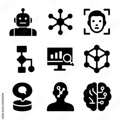 AI Icon Grid. Solid, filled icon set of AI realism: humanoid robot, neural network, facial recognition, algorithm, data analysis,