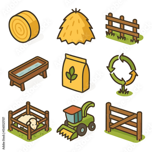 Agricultural Icon Set. Isometric Flat icon set of agricultural forage and pasture: silage bale, haystack, grazing pasture fence,