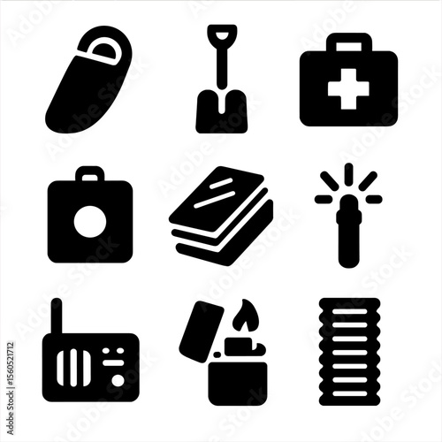 Alpine Survival Icons. Solid, filled icon set of alpine survival: bivy sack, snow shovel, first aid kit, signal mirror, emergency