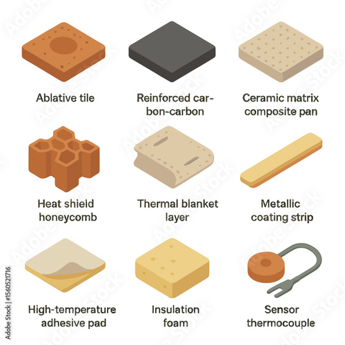 Aerospace Heat Shield Icons. Isometric Flat icon set of aerospace heat shields: ablative tile, reinforced carbon–carbon panel,