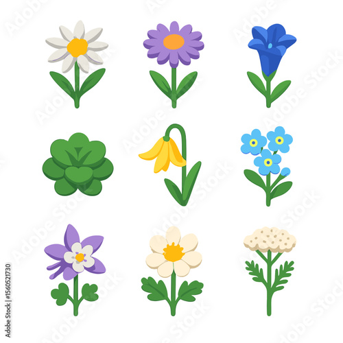 Alpine Wildflowers Icons. Isometric Flat icon set of alpine wildflowers: edelweiss bloom, alpine aster, gentian flower, saxifrage