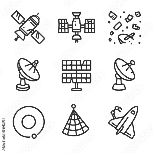 Ancient Orbital Relics. Outline icon set of ancient orbital relics: derelict satellite, space station ruins, debris field, antenna
