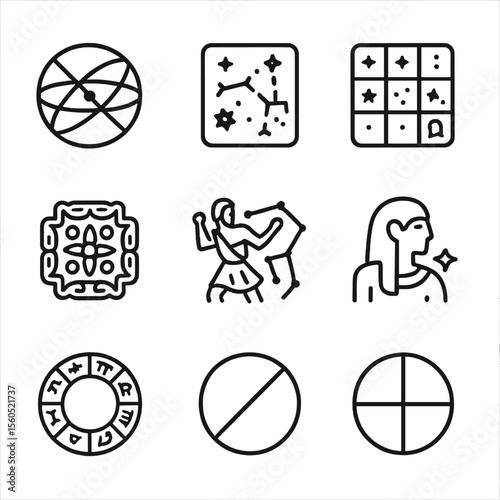Ancient Astronomy Icons. Outline icon set of Ancient Astronomy Charts: Ptolemy’s celestial sphere, Babylonian star tablet, Chinese