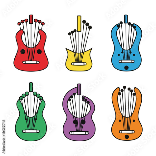 Artistic Colorful Stringed Lyre Musical Instrument Variety Collection Flat Illustration