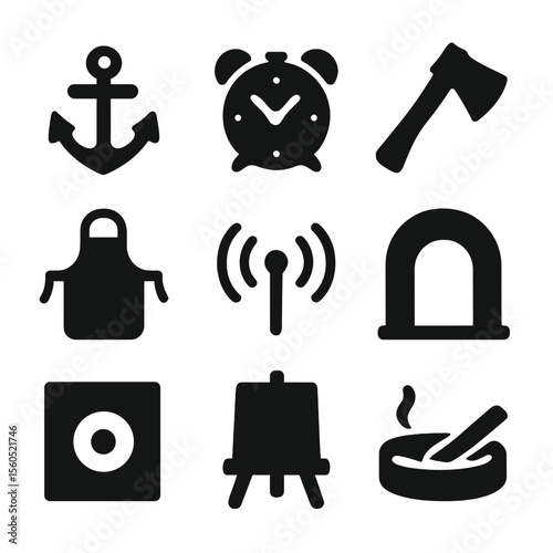 Alphabet Icons Grid. Solid, filled icon set of objects starting with A: anchor, alarm clock, axe, apron, antenna, archway, album,