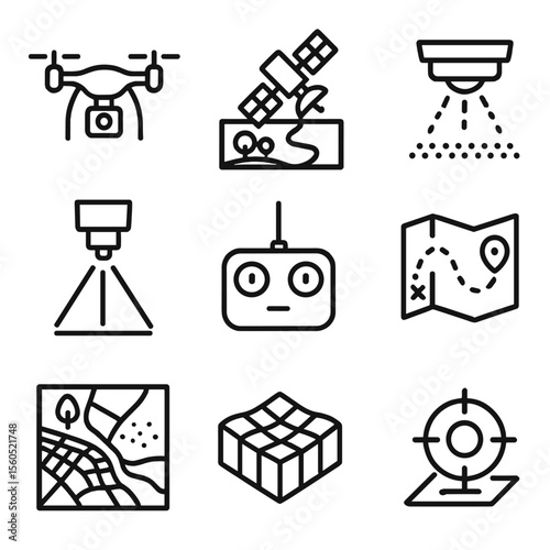 Aerial Survey Icons. Outline icon set of aerial and remote sensing surveys: drone, satellite image, LiDAR scanner, UAV controller,
