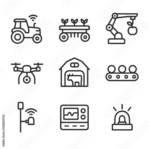 Agricultural Robotics Icons. Outline icon set of Agricultural Robotics and Automation: autonomous tractor, weeding robot,