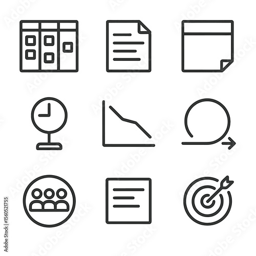 Agile Workflow Icons. Outline icon set of agile and Scrum workflow: Scrum board, sprint backlog, sticky note, stand-up clock,