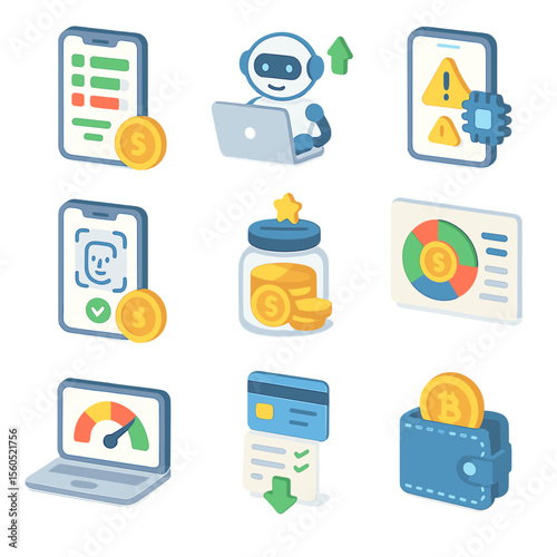 AI Finance Icons. Isometric Flat icon set of AI in personal finance: budgeting app screen, investment robo-advisor, fraud