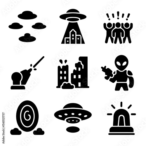 Alien Invasion Icons. Solid, filled icon set of alien invasion: fleet of ships, city under beam, panic crowd, defense laser,