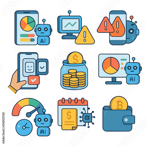 AI Finance Icons. Isometric Flat icon set of AI in personal finance: budgeting app screen, investment robo-advisor, fraud