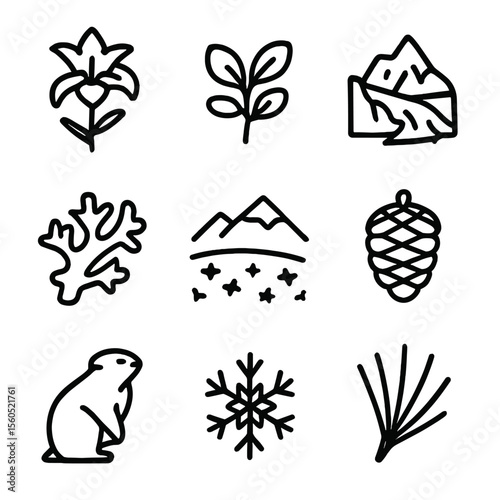 Alpine Plant Icons. Solid, filled icon set of alpine plants and habitats: alpine lily, dwarf willow, glacier, lichen, mountain