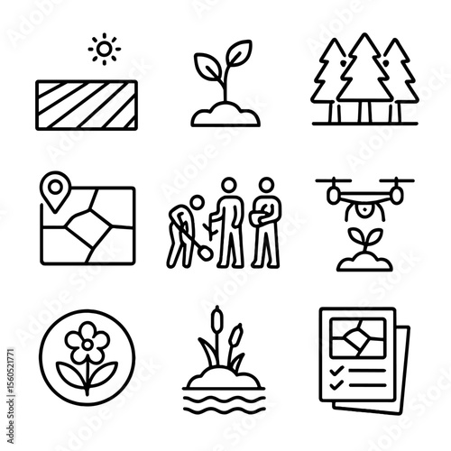 Afforestation and Reforestation Icons. Outline icon set of Afforestation vs Reforestation Projects: cleared land icon, new sapling