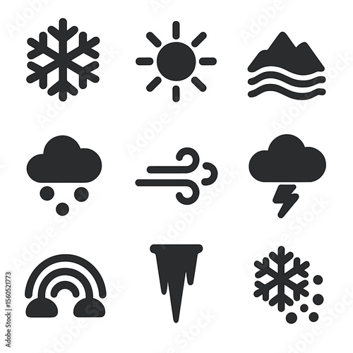 Alpine Weather Icon Set. Solid, filled icon set of alpine climate and weather: snowflake, sun rays, mountain fog, hail, wind gust,