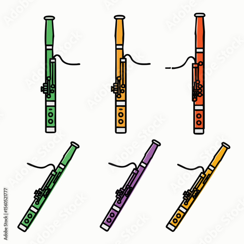 Flat Design Colorful Bassoon Instrument Illustration Set Musical Object Collection