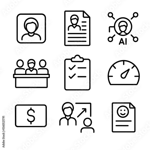 AI HR Management Icons. Outline icon set of AI-based Human Resources Management: candidate profile, resume document, AI avatar,