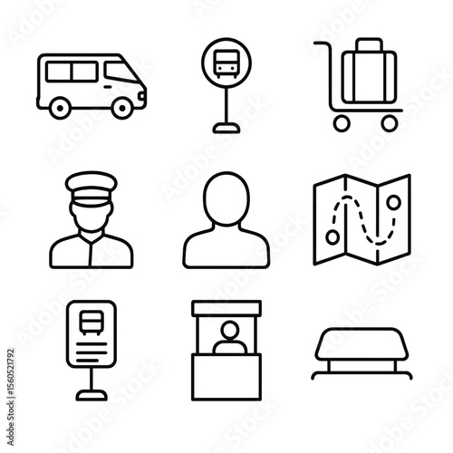 Airport Shuttle Icons. Outline icon set of airport shuttle services: shuttle van, bus stop sign, luggage trolley, driver