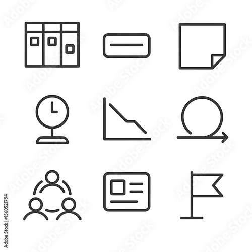 Agile Workflow Icons. Outline icon set of agile and Scrum workflow: Scrum board, sprint backlog, sticky note, stand-up clock,