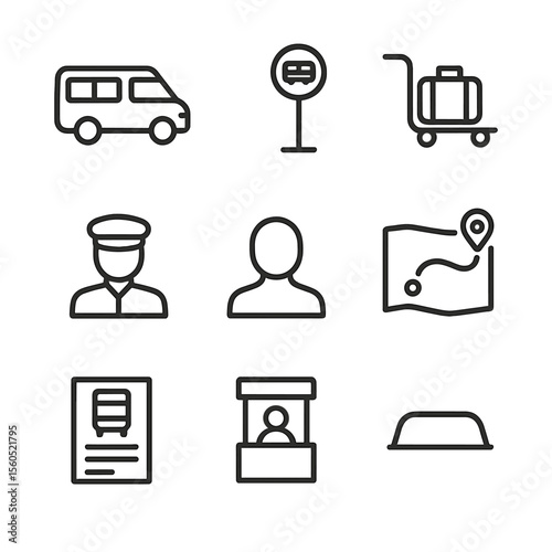 Airport Shuttle Icons. Outline icon set of airport shuttle services: shuttle van, bus stop sign, luggage trolley, driver