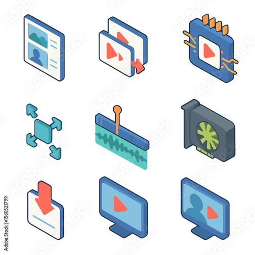 AI Video Icon Grid. Isometric Flat icon set of AI-Driven Video Generation: storyboard panel, frame interpolation icon, motion