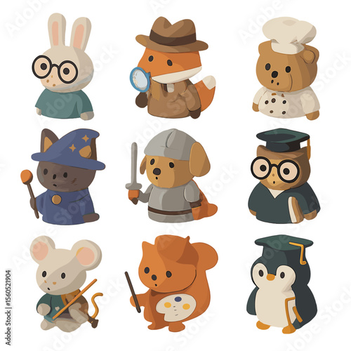 Anthropomorphic Animal Icons. Isometric Flat icon set of animal anthropomorphic characters: rabbit with glasses, fox detective,