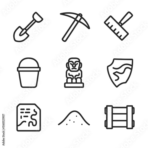 Archaeological Tools Icons. Outline icon set of buried relic find: shovel, pickaxe, dust brush, excavation bucket, uncovered idol,