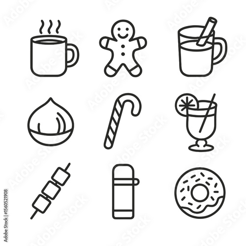 Après-Skate Snack Icons. Outline icon set of après-skate snacks and drinks: hot cocoa mug, gingerbread cookie, cinnamon stick
