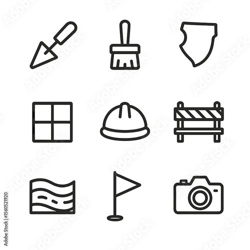 Archaeology Tools Icons. Outline icon set of archaeological site preservation: trowel, excavation brush, pottery shard, grid