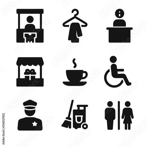 Art Gallery Icons. Solid, filled icon set of art gallery services: ticket booth, coat check, information kiosk, gift shop, café,