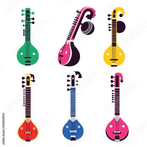 Colorful Flat Illustration of Veena String Instrument Musical Heritage Collection