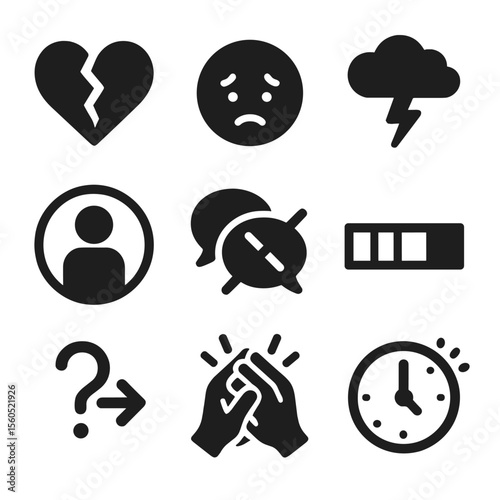 Anxiety Icons Grid. Solid, filled icon set of anxiety in relationships: broken heart, worry face, storm cloud, isolation icon,