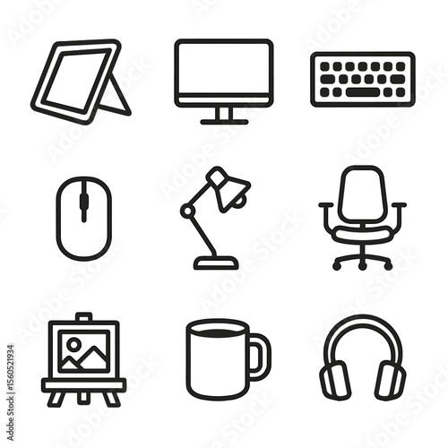 Art Workstation Icons. Outline icon set of art workstation setup: tablet stand, monitor, keyboard, mouse, desk lamp, ergonomic