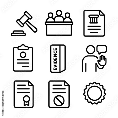 Arbitration Icon Set. Outline icon set of Arbitration Procedures: arbitrator gavel, arbitration hearing room, arbitration clause,