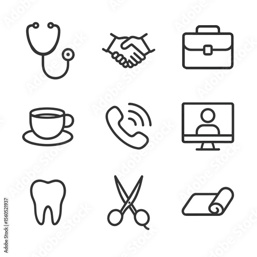 Appointment Icon Set. Outline icon set of appointment types: doctor’s stethoscope, business meeting handshake, interview briefcase