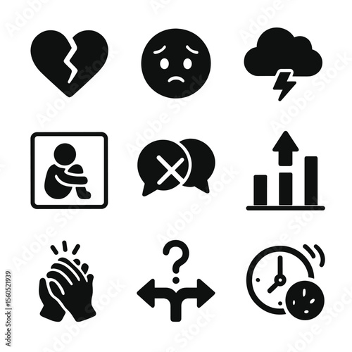 Anxiety Icons Grid. Solid, filled icon set of anxiety in relationships: broken heart, worry face, storm cloud, isolation icon,