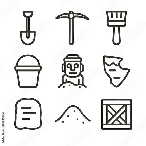 Archaeological Tools Icons. Outline icon set of buried relic find: shovel, pickaxe, dust brush, excavation bucket, uncovered idol,