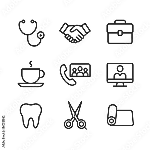 Appointment Icon Set. Outline icon set of appointment types: doctor’s stethoscope, business meeting handshake, interview briefcase